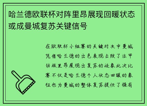 哈兰德欧联杯对阵里昂展现回暖状态或成曼城复苏关键信号 哈兰德欧联杯对阵里昂展现回暖状态或成曼城复苏关键信号